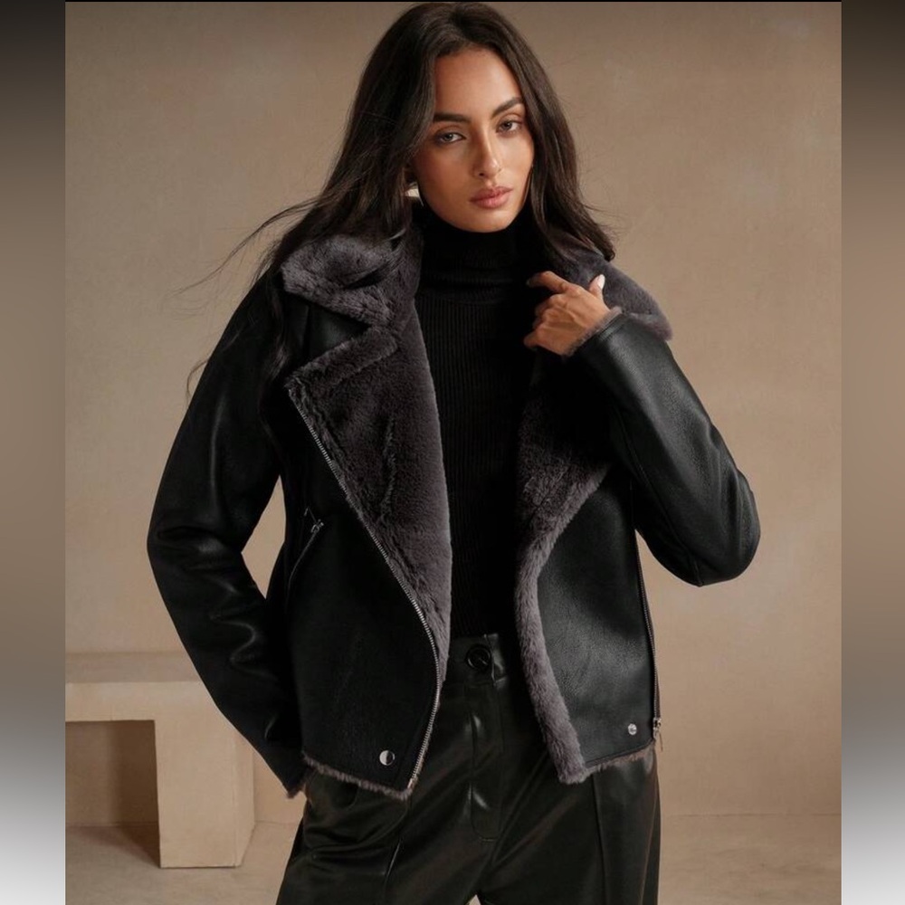 Vegan Leather Moto Jacket w/ Faux Fur Collar • Black Shearling Style Biker Coat